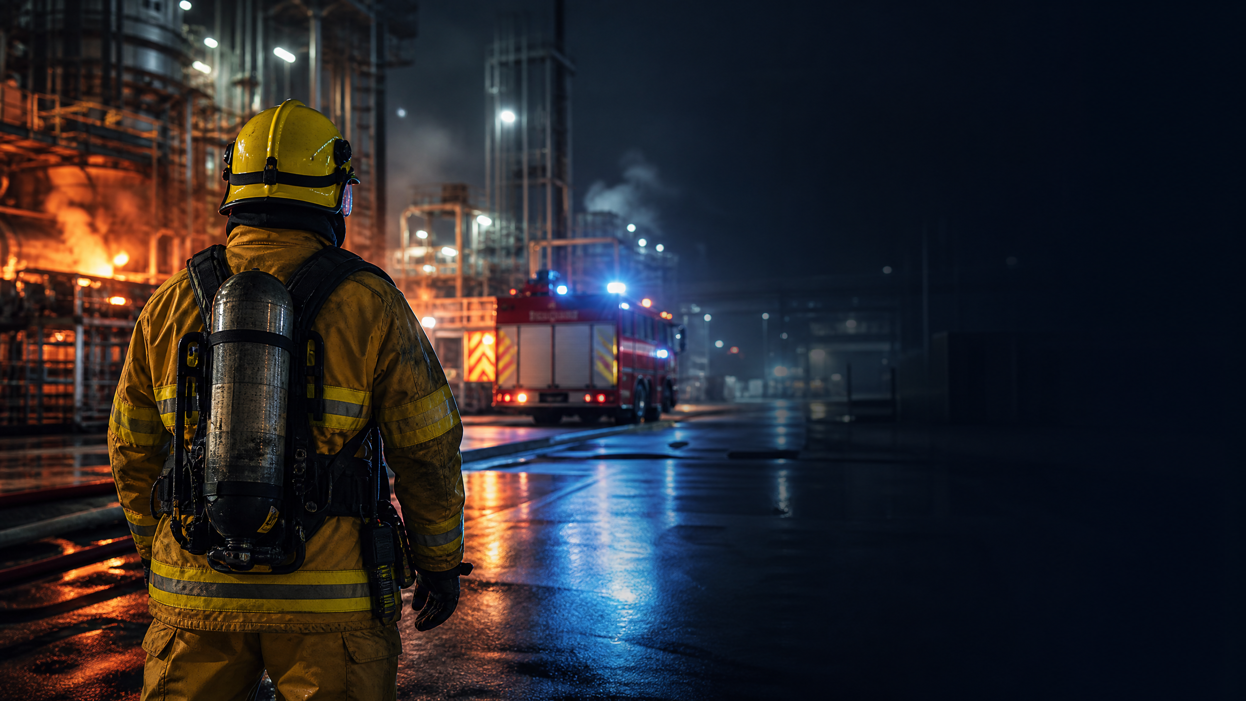 Profissional de combate a incêndio diante de uma instalação industrial durante uma resposta operacional