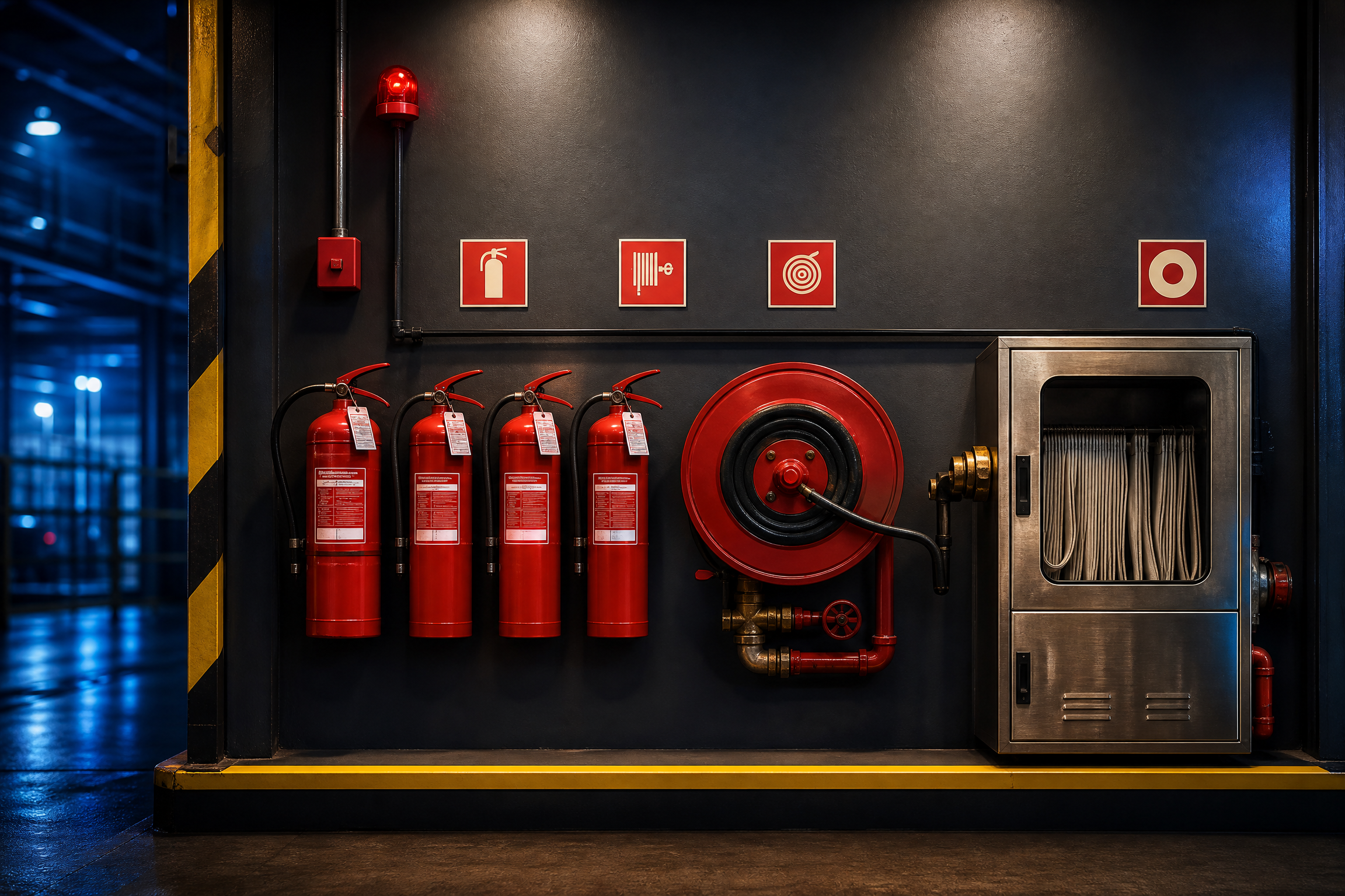 Extintores, hidrante e equipamentos de proteção em instalação industrial