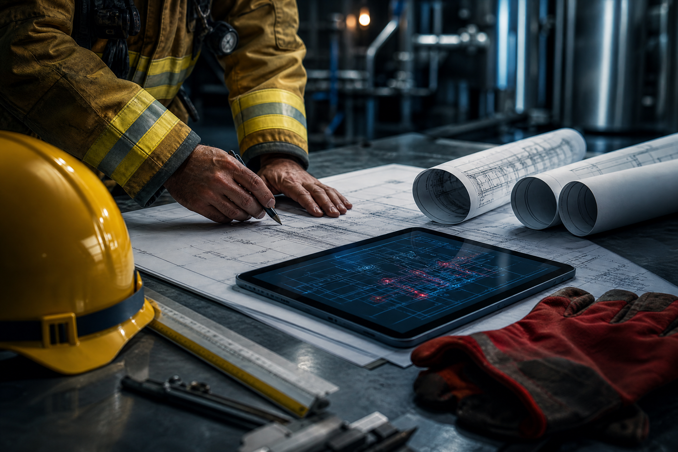 Profissional analisando projeto técnico de prevenção contra incêndio