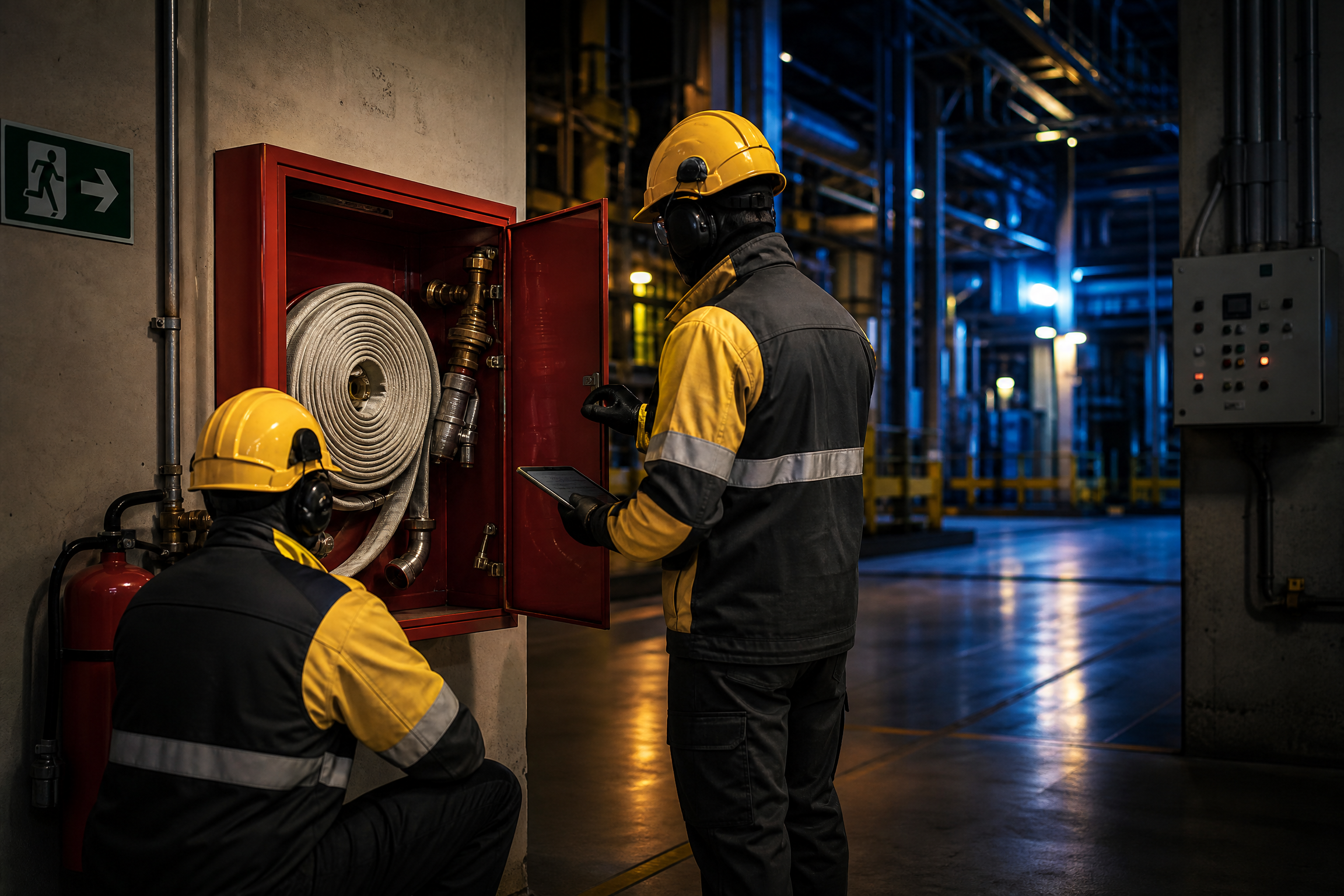 Equipe técnica avaliando uma rede de hidrante em ambiente industrial